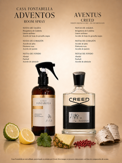 Spray de ambiente Adventos de Casa Fontabella junto a su inspiración: Aventus de Creed