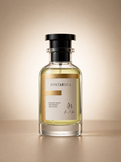 Perfume Fuego y Hielo de Fontabella, extrait de parfum en frasco de vidrio con etiqueta dorada