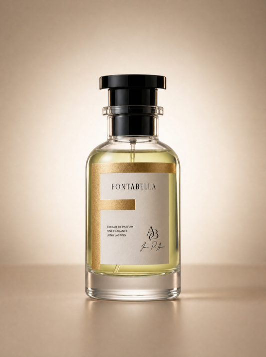 Perfume Fuego y Hielo de Fontabella, extrait de parfum en frasco de vidrio con etiqueta dorada