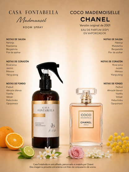 Spray de ambiente Madmuasél de Casa Fontabella junto a su inspiración: Coco Mademoiselle de Chanel