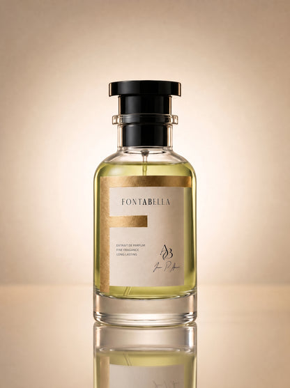 Perfume Y Elixir de Fontabella, extrait de parfum en frasco de vidrio con etiqueta dorada