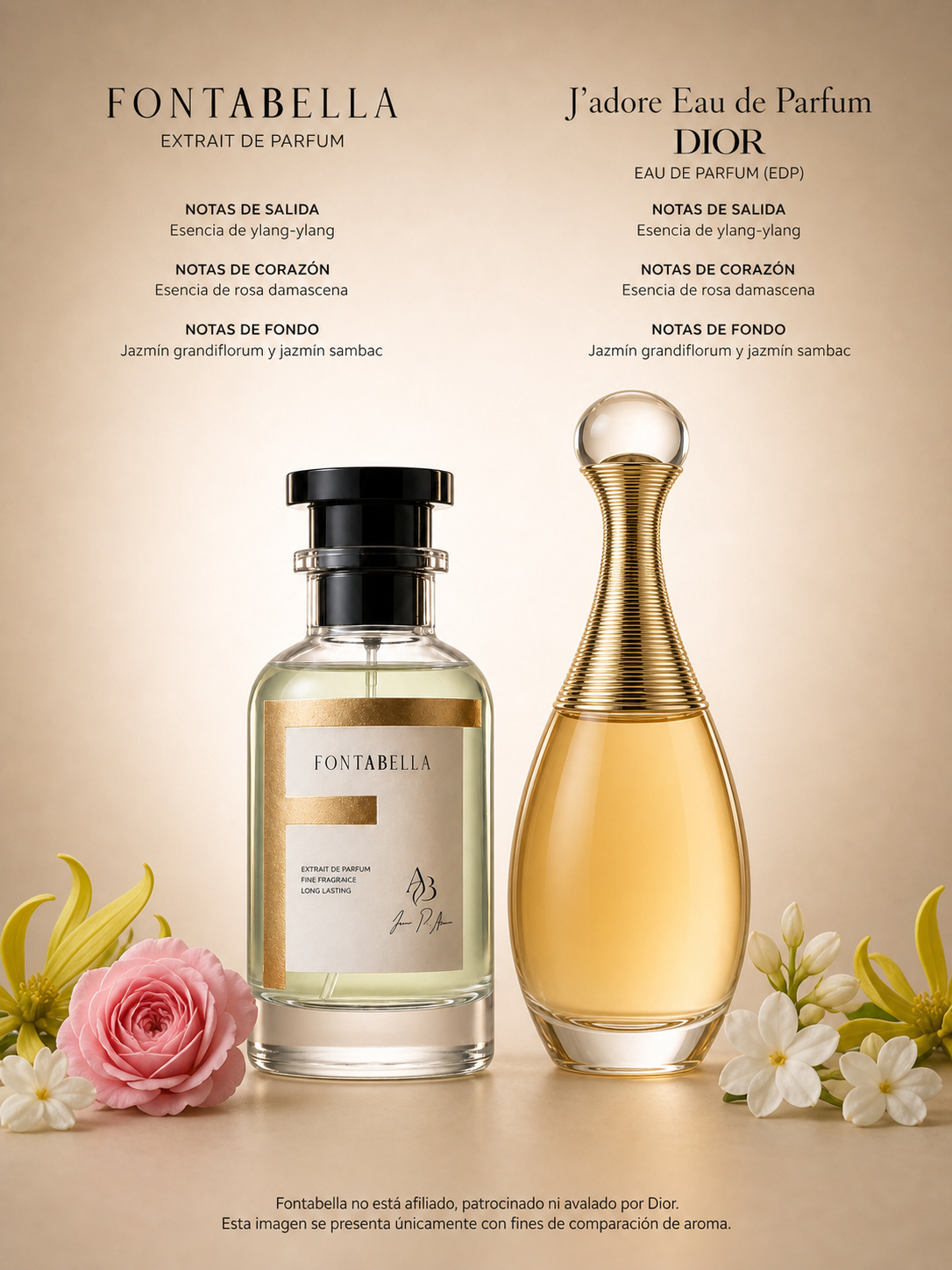 Perfume Yadora de Fontabella junto a su inspiración: J'adore de Dior