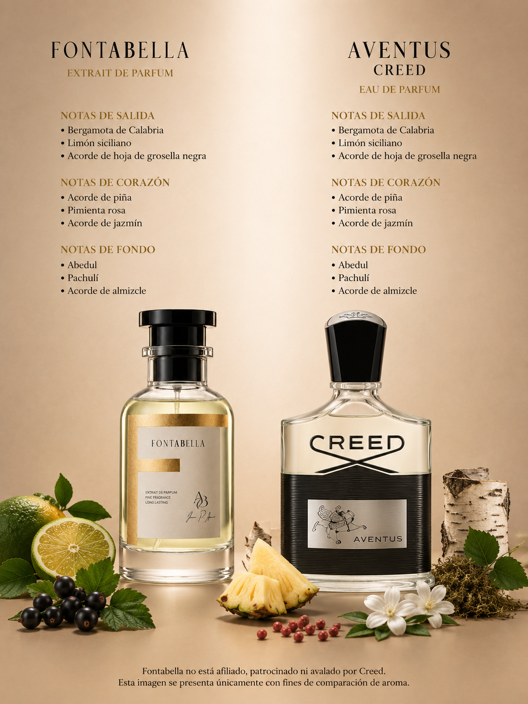 Perfume Adventos de Fontabella junto a su inspiración: Aventus de Creed