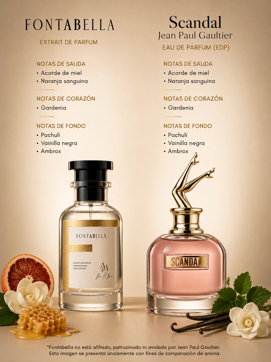 Perfume Scandalous de Fontabella junto a su inspiración: Scandal de Jean Paul Gaultier