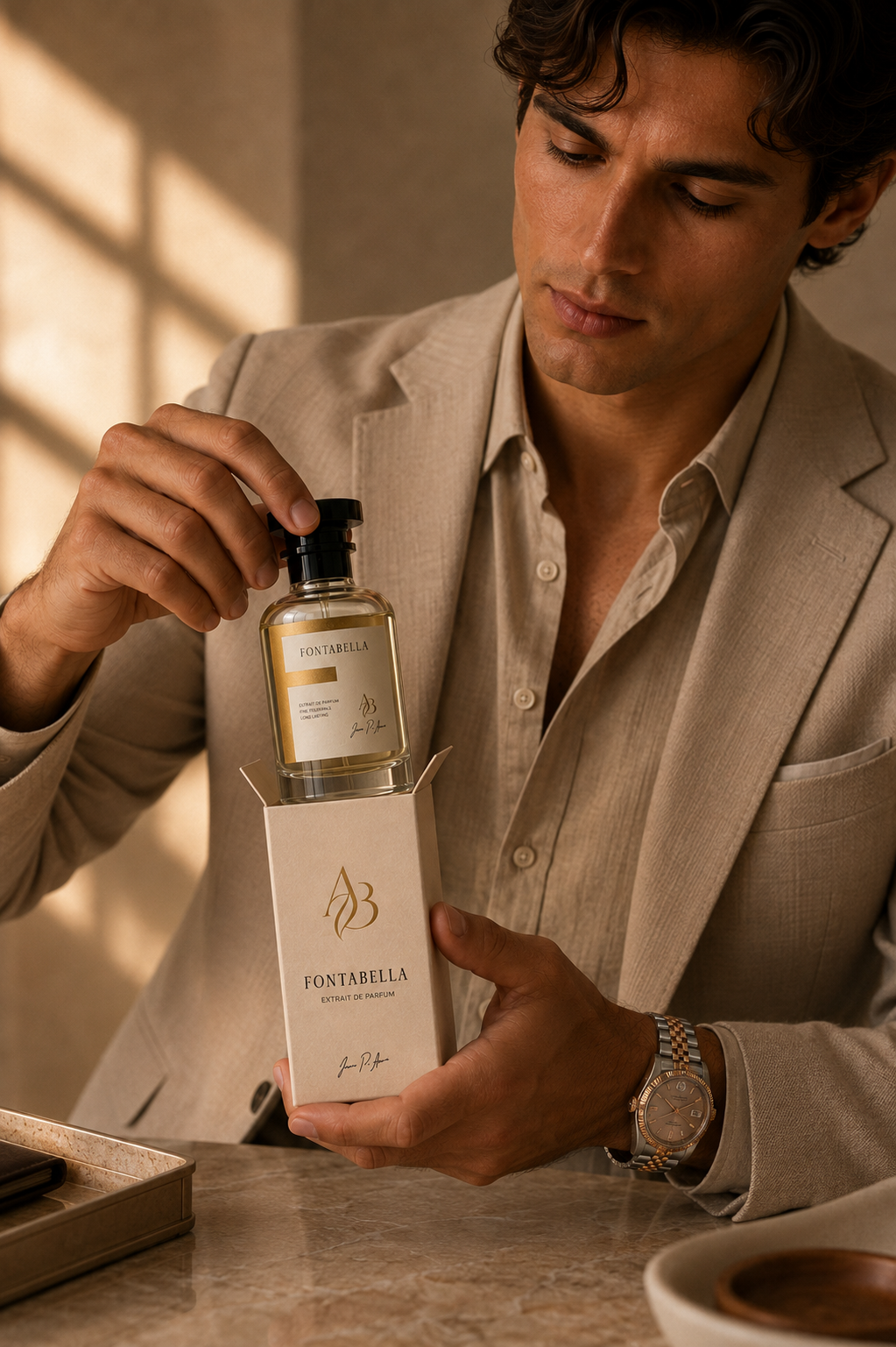Perfume Aqua Homme de Fontabella en un ambiente cálido, fragancia para hombre