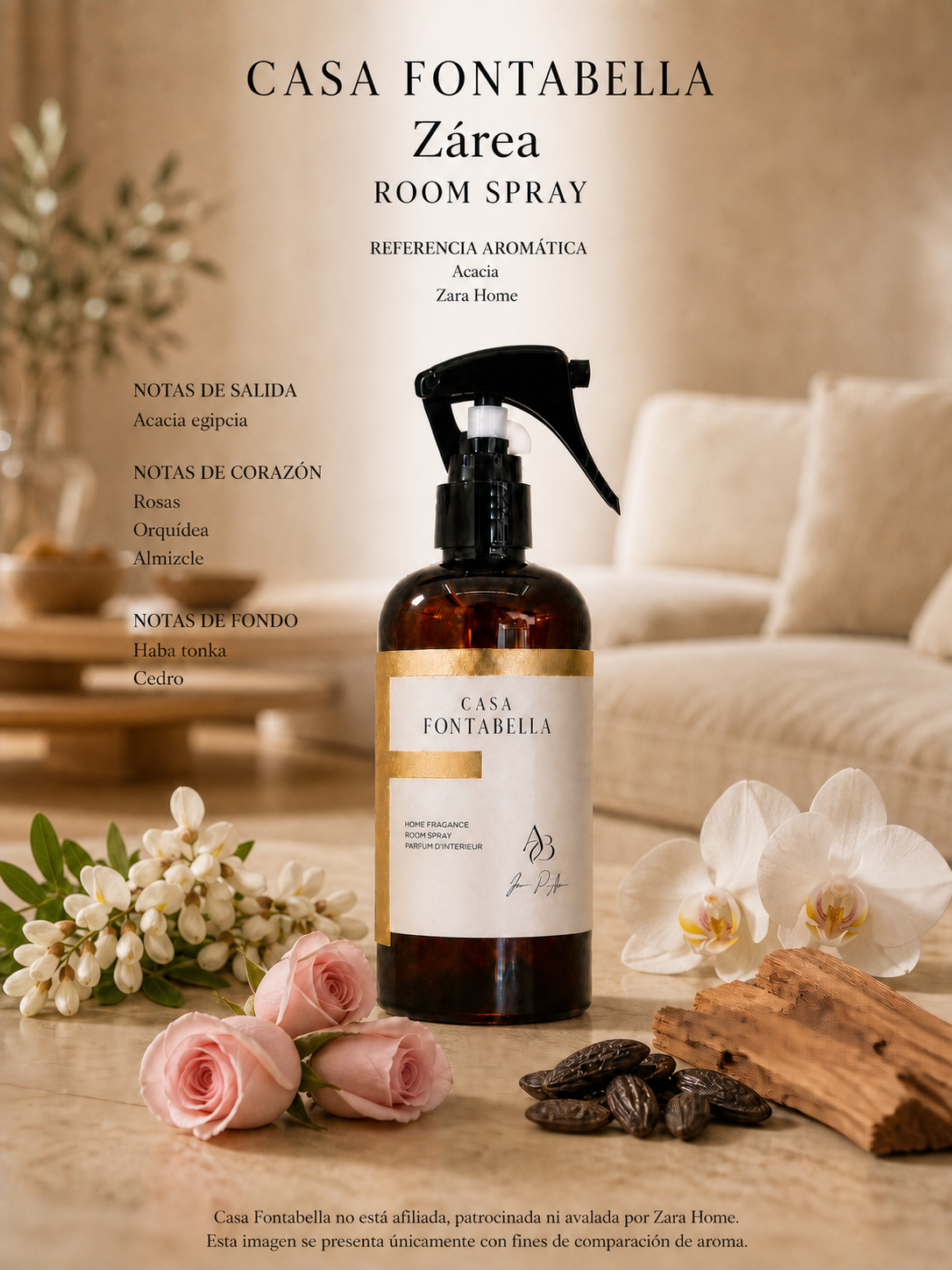 Spray de ambiente Zárea de Casa Fontabella junto a su inspiración: Zara Home: Acacia