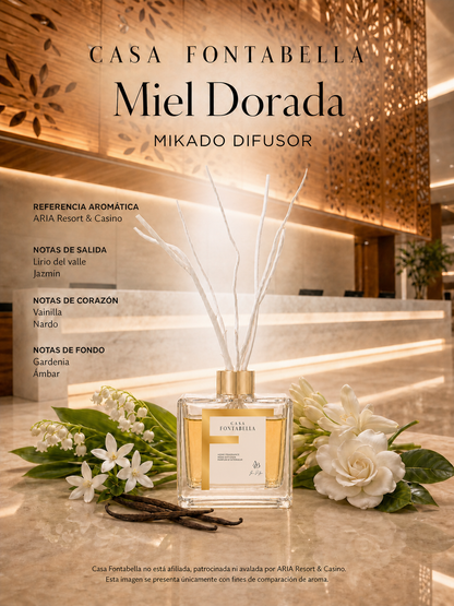 Mikado Miel Dorada de Casa Fontabella junto a su inspiración: Hotel Aria, Las Vegas