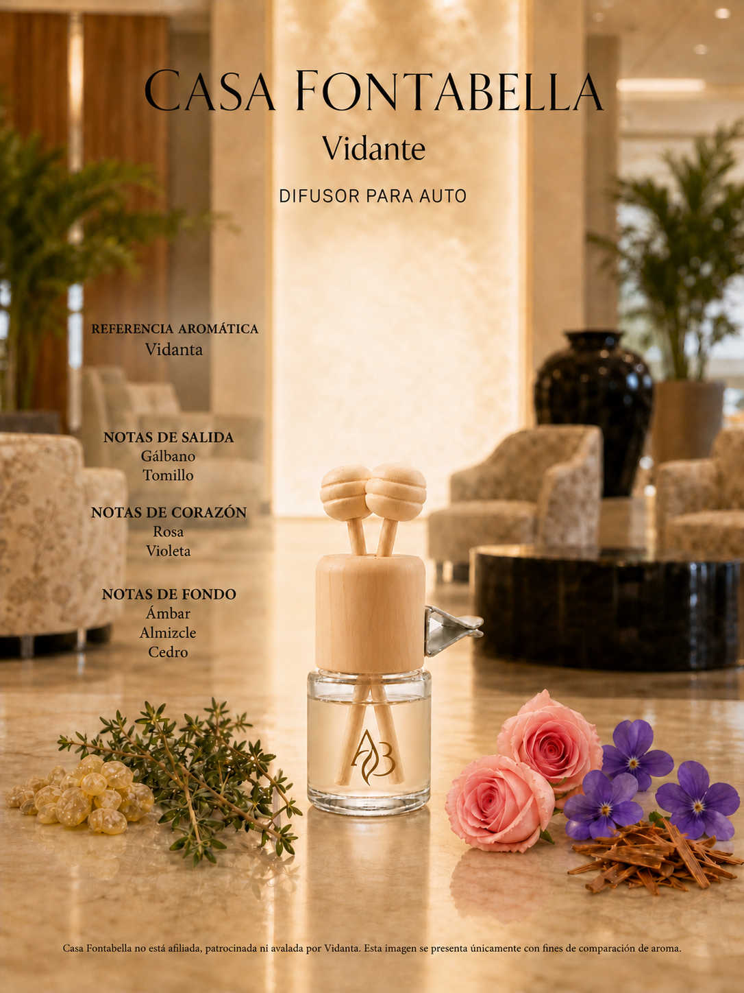 Aromatizante para auto Vidante de Casa Fontabella junto a su inspiración: Vidanta: Luxor