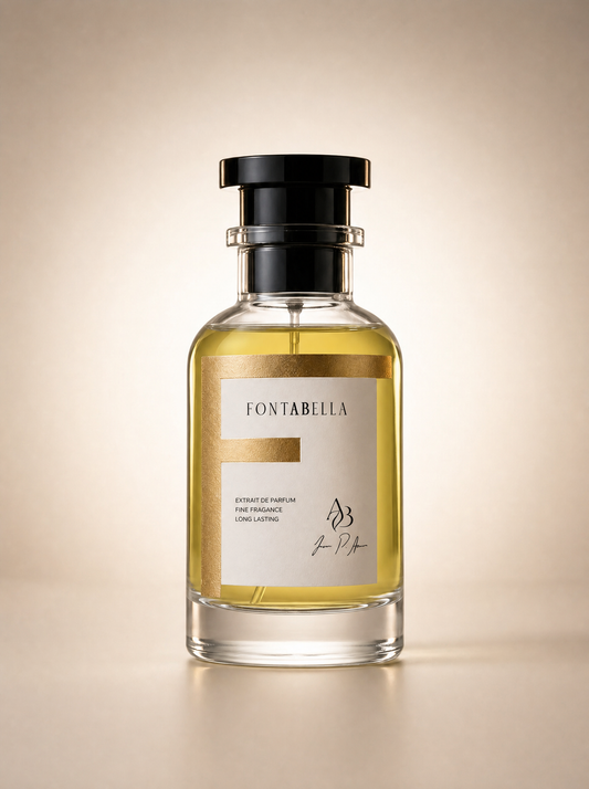 Perfume Love Shy Sugar de Fontabella, extrait de parfum en frasco de vidrio con etiqueta dorada