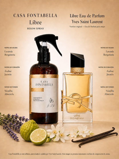 Spray de ambiente Líbre de Casa Fontabella junto a su inspiración: Libre de YSL