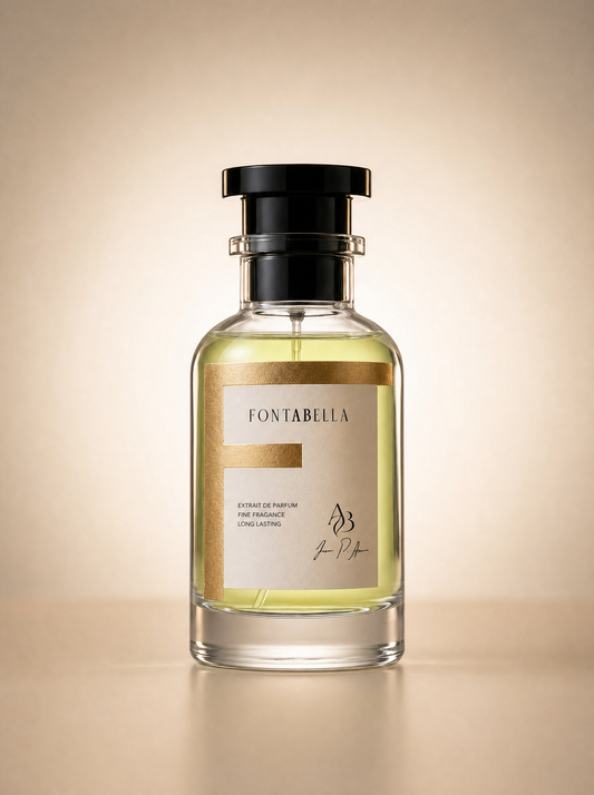 Perfume Berry O' Top de Fontabella, extrait de parfum en frasco de vidrio con etiqueta dorada