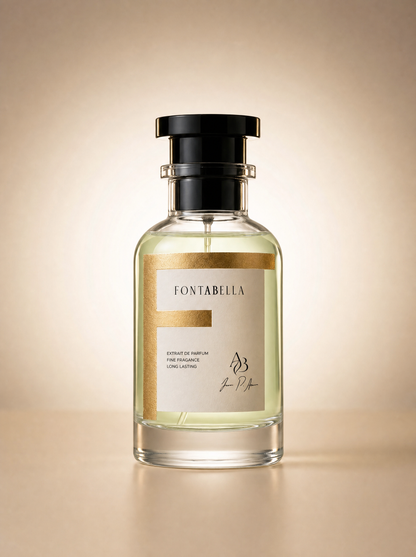 Perfume Odyssée Mandarine de Fontabella, extrait de parfum en frasco de vidrio con etiqueta dorada