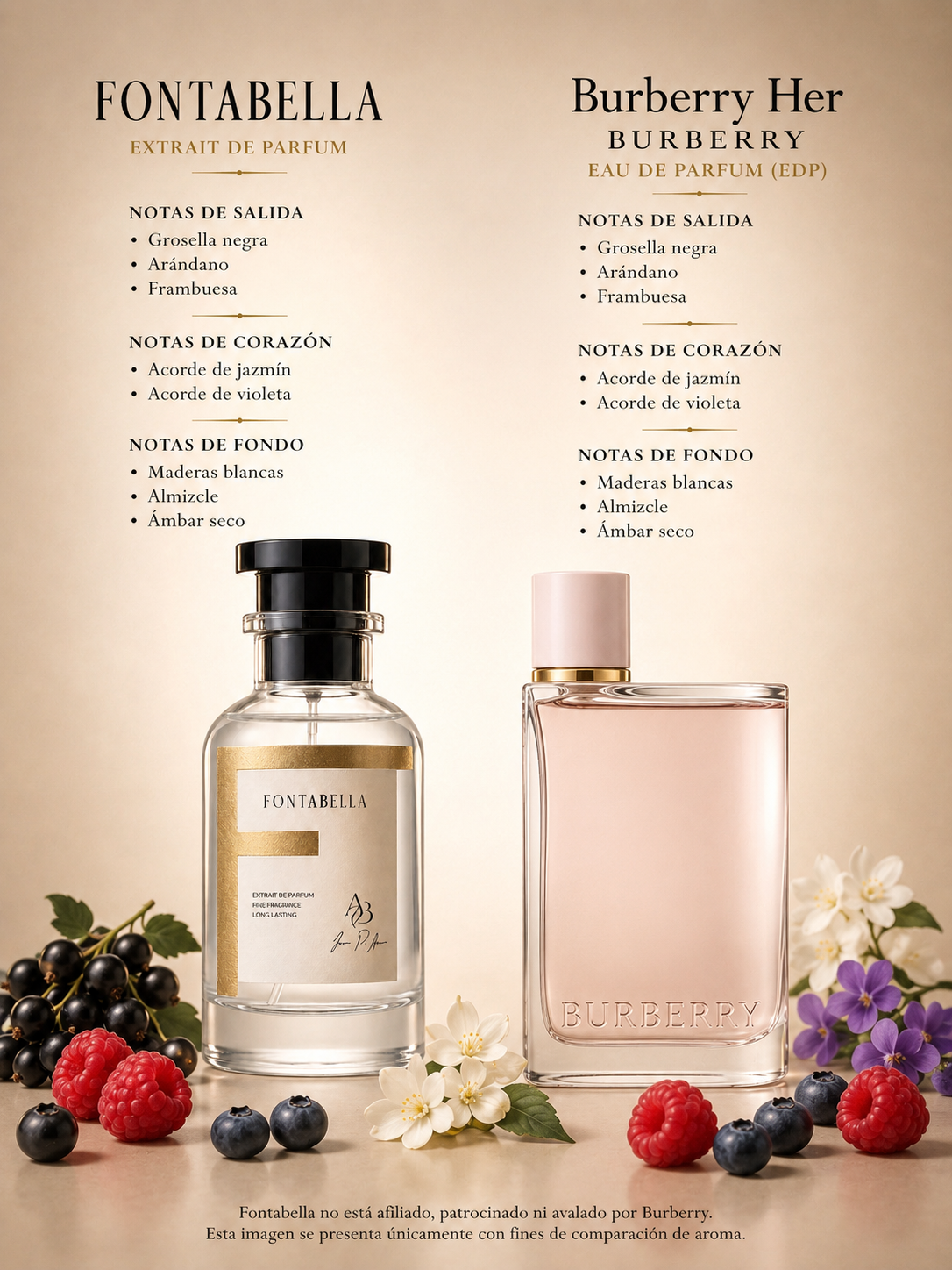 Perfume Miss Her de Fontabella junto a su inspiración: Burberry Her
