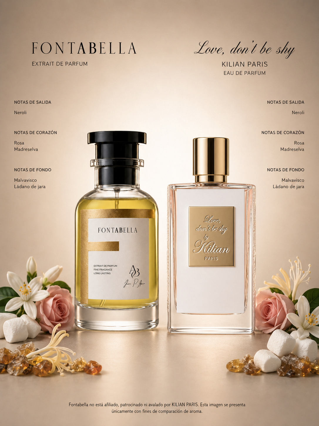 Perfume Love Shy Sugar de Fontabella junto a su inspiración: Love Don't Be Shy de Kilian