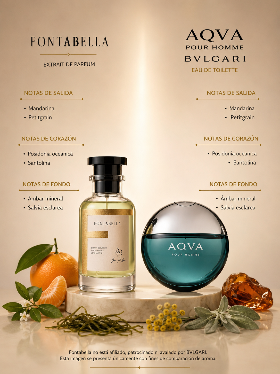 Perfume Aqua Homme de Fontabella junto a su inspiración: Aqua Pour Homme de Bvlgari