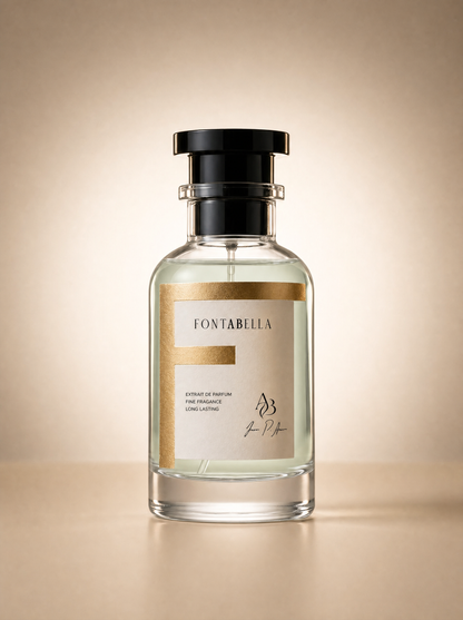 Perfume Golden Girl de Fontabella, extrait de parfum en frasco de vidrio con etiqueta dorada