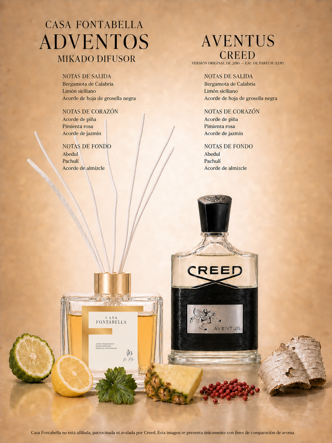 Mikado Adventos de Casa Fontabella junto a su inspiración: Aventus de Creed