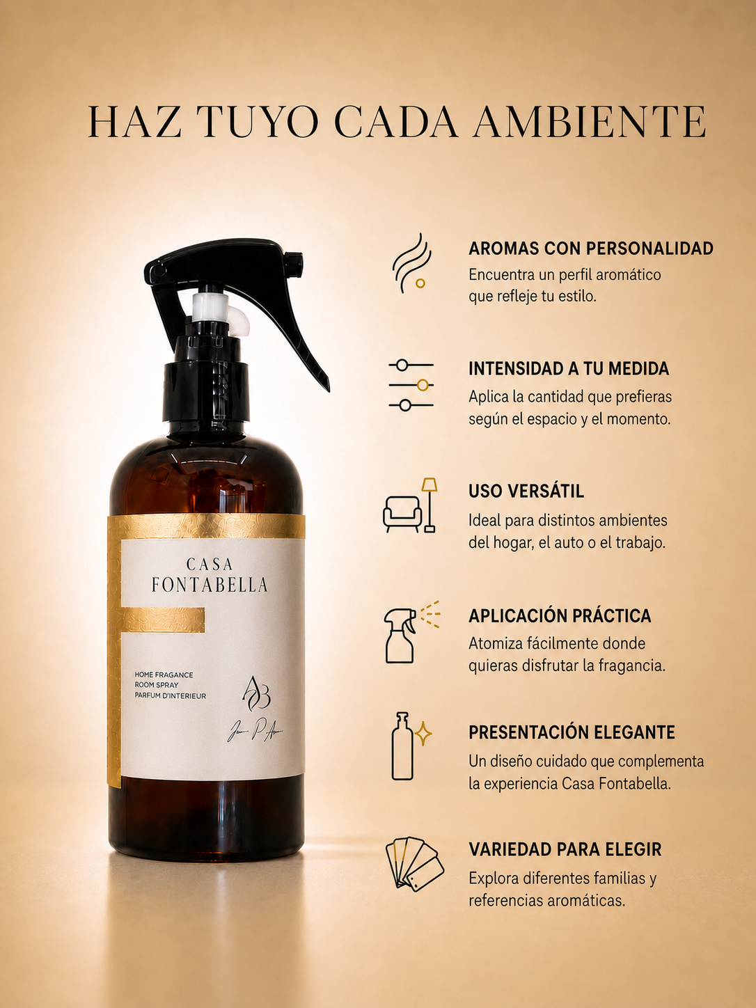 Ficha del spray de ambiente Abedul Blanco de Casa Fontabella: aromas con personalidad, intensidad a tu medida y uso versátil