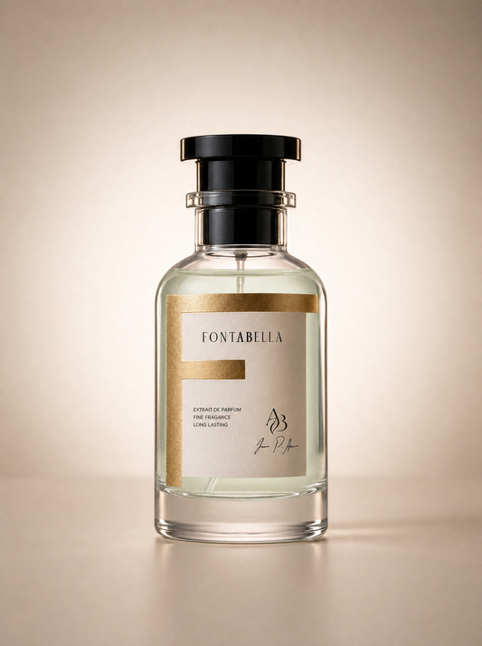 Perfume Yaraé de Fontabella, extrait de parfum en frasco de vidrio con etiqueta dorada