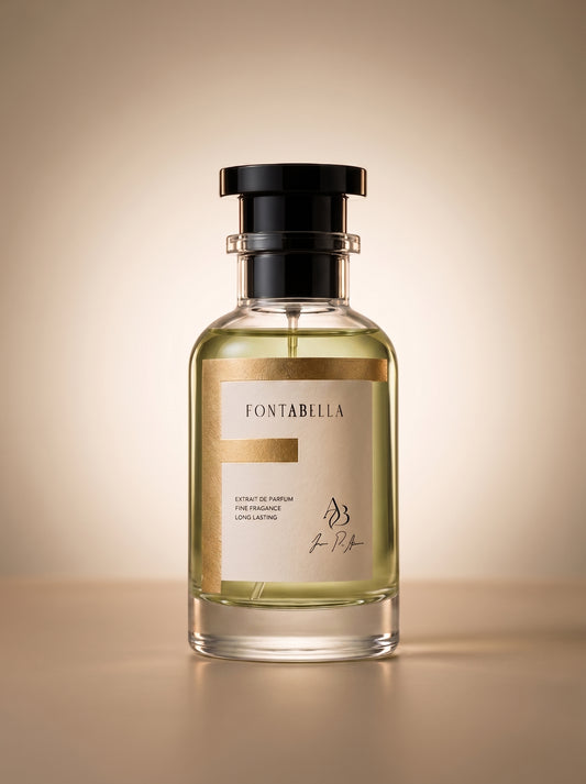 Perfume La Inmensité de Fontabella, extrait de parfum en frasco de vidrio con etiqueta dorada