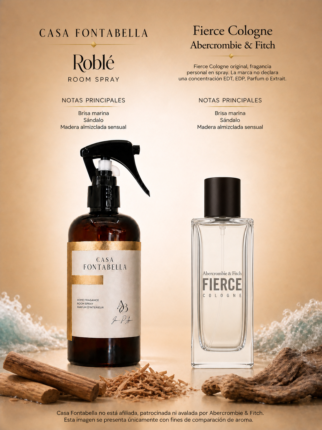 Spray de ambiente Roblé de Casa Fontabella junto a su inspiración: Fierce de Abercrombie y Fitch