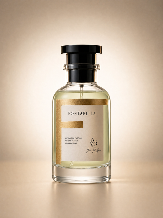 Perfume Unconquered de Fontabella, extrait de parfum en frasco de vidrio con etiqueta dorada