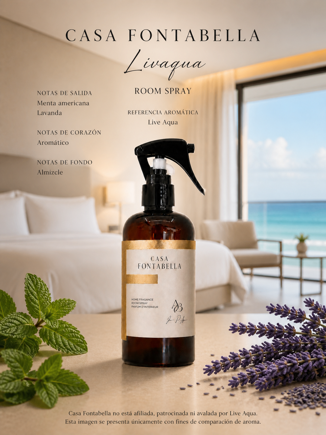 Spray de ambiente Livaqua de Casa Fontabella junto a su inspiración: Live Aqua: White Mint