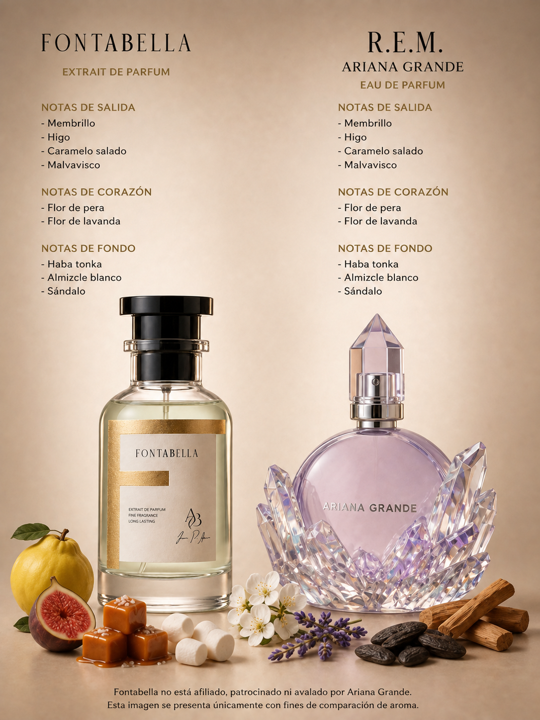 Perfume Rem Noir de Fontabella junto a su inspiración: R.E.M. de Ariana Grande