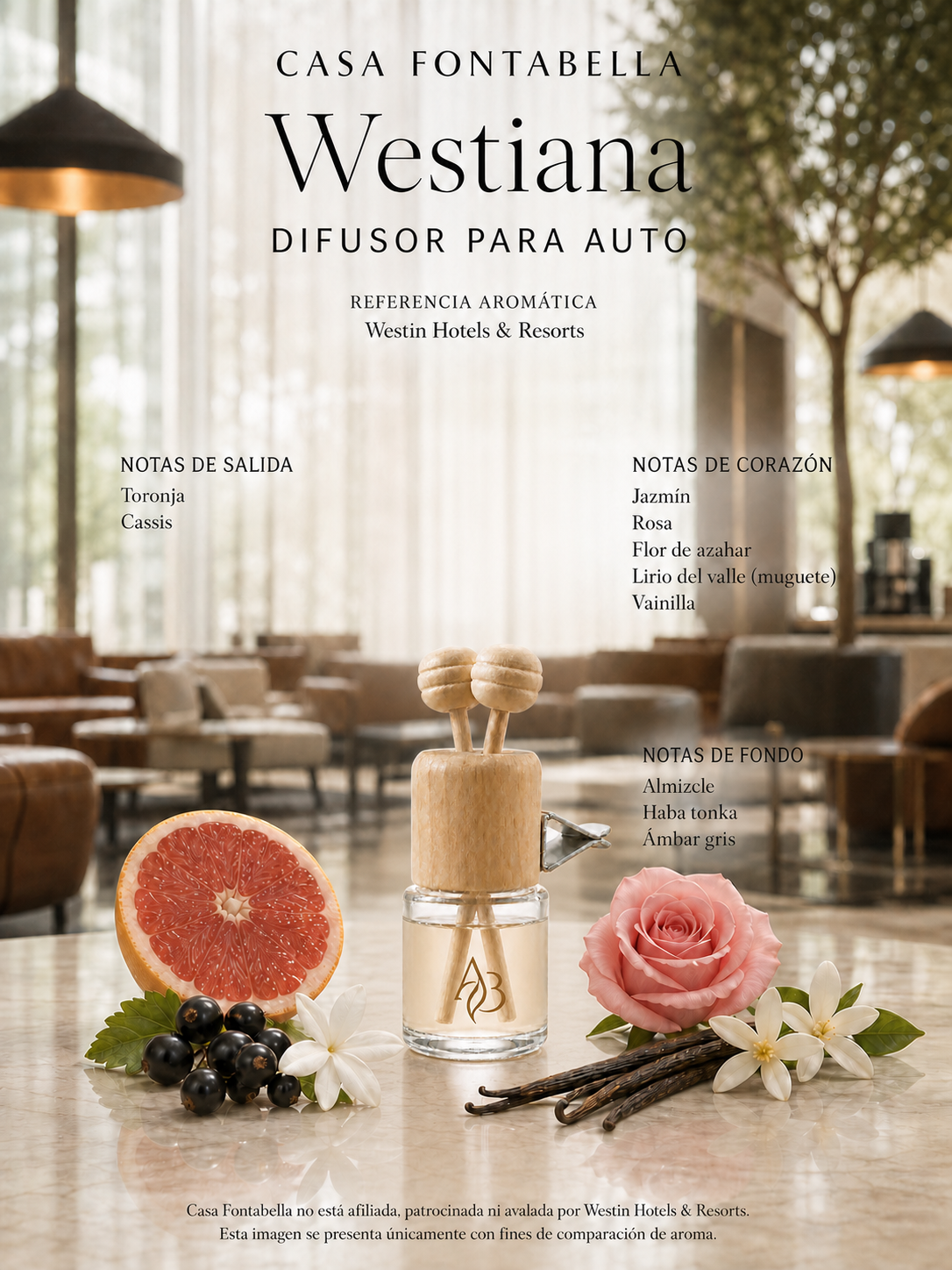 Aromatizante para auto Westiana de Casa Fontabella junto a su inspiración: Westin: Oriental Citrus