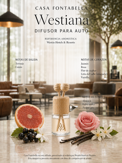 Aromatizante para auto Westiana de Casa Fontabella junto a su inspiración: Westin: Oriental Citrus