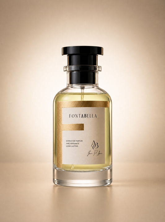 Perfume U. Layton de Fontabella, extrait de parfum en frasco de vidrio con etiqueta dorada