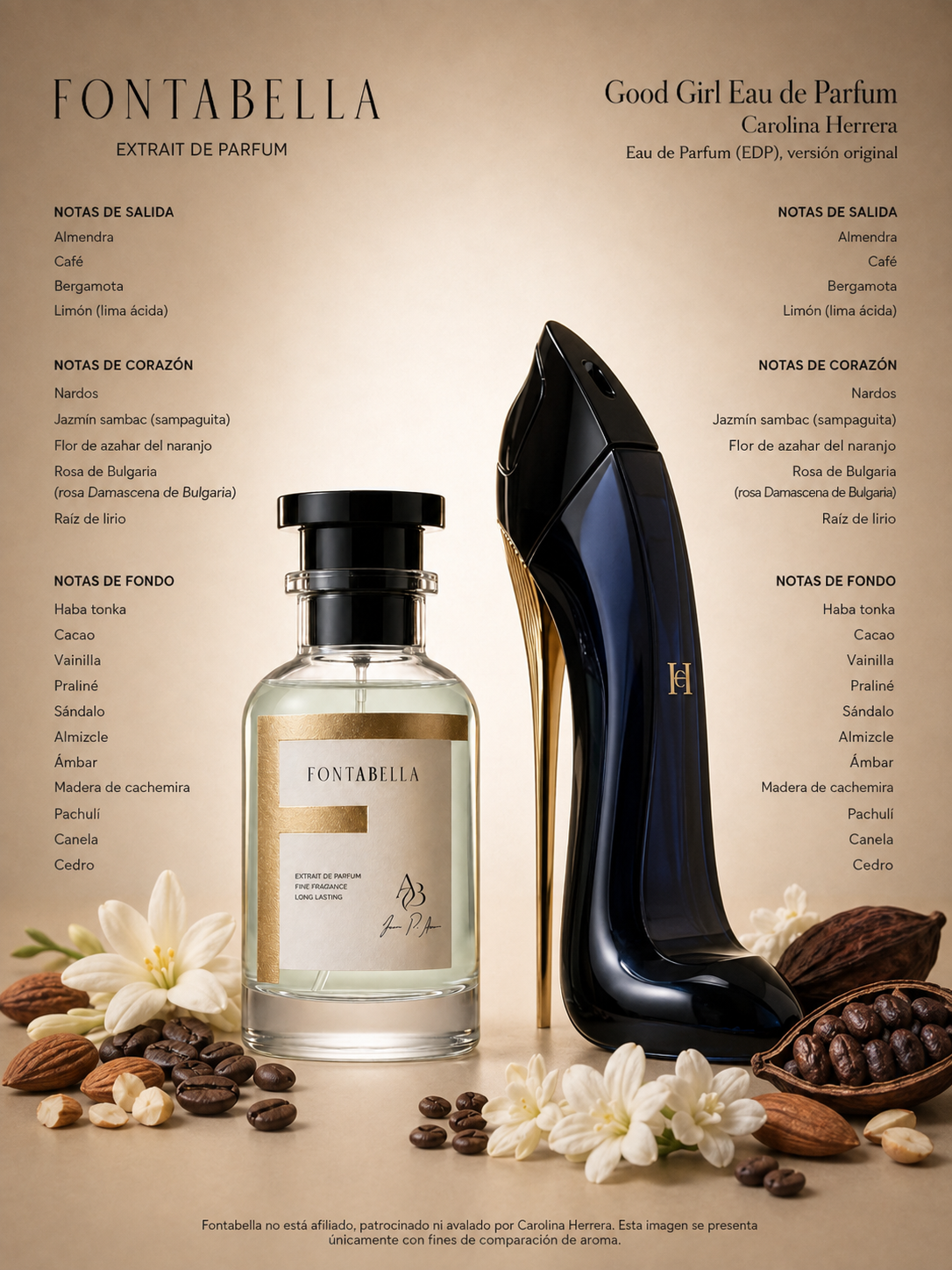 Perfume Golden Girl de Fontabella junto a su inspiración: Good Girl de Carolina Herrera