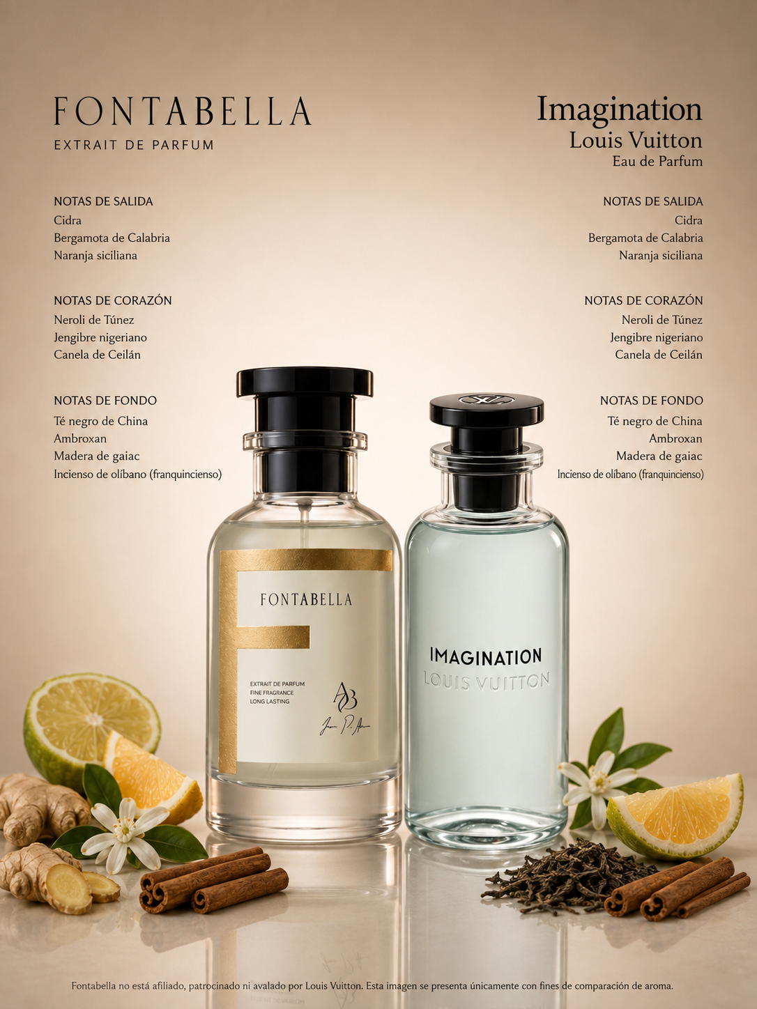 Perfume Imaginé Nicho de Fontabella junto a su inspiración: Imagination de Louis Vuitton