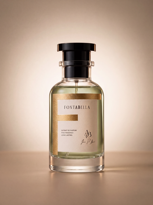 Perfume Silver Peak de Fontabella, extrait de parfum en frasco de vidrio con etiqueta dorada