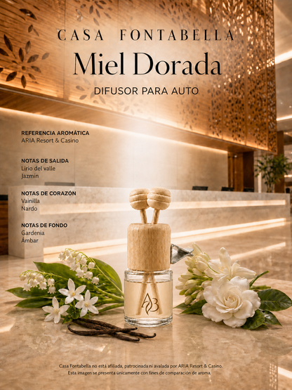 Aromatizante para auto Miel Dorada de Casa Fontabella junto a su inspiración: Hotel Aria, Las Vegas