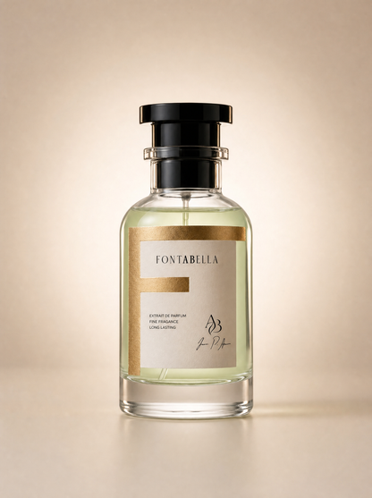 Perfume Oud Madera Nicho de Fontabella, extrait de parfum en frasco de vidrio con etiqueta dorada