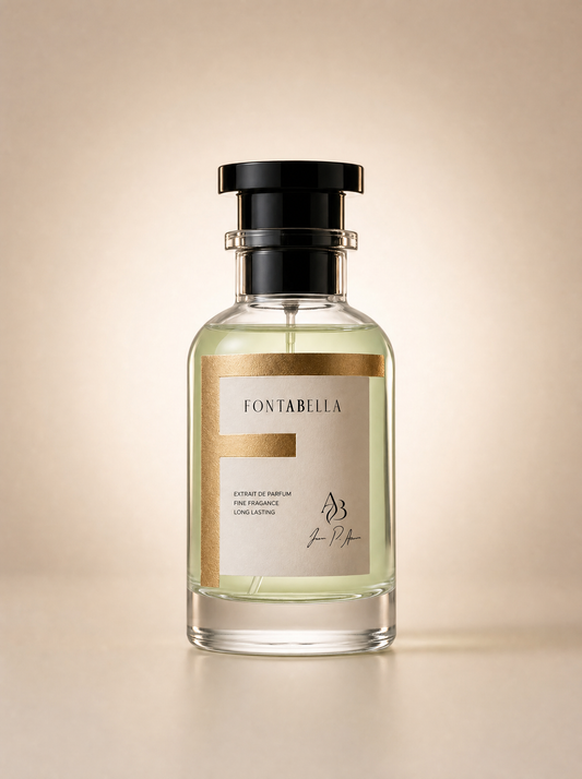 Perfume Oud Madera Nicho de Fontabella, extrait de parfum en frasco de vidrio con etiqueta dorada