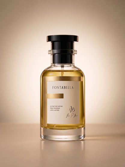 Perfume Tierra D'Hermes de Fontabella, extrait de parfum en frasco de vidrio con etiqueta dorada