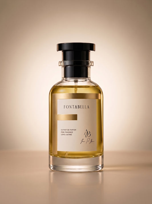 Perfume Tierra D'Hermes de Fontabella, extrait de parfum en frasco de vidrio con etiqueta dorada