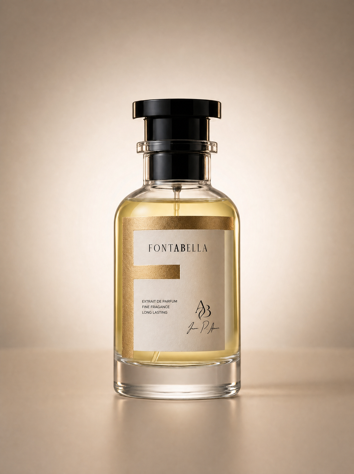 Perfume Airí de Fontabella, extrait de parfum en frasco de vidrio con etiqueta dorada