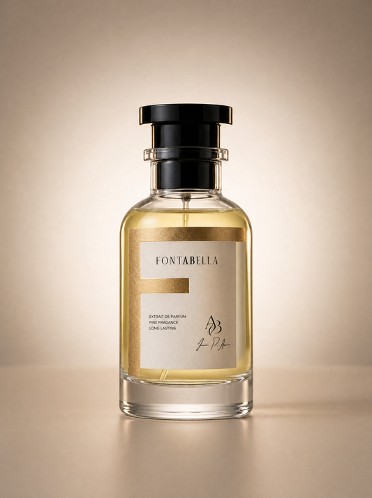 Perfume Airí de Fontabella, extrait de parfum en frasco de vidrio con etiqueta dorada