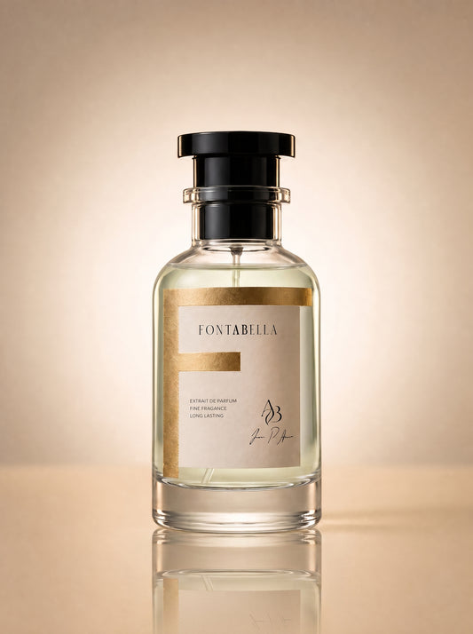 Perfume Erba D'Oro de Fontabella, extrait de parfum en frasco de vidrio con etiqueta dorada