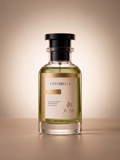 Perfume Black Orquídea de Fontabella, extrait de parfum en frasco de vidrio con etiqueta dorada