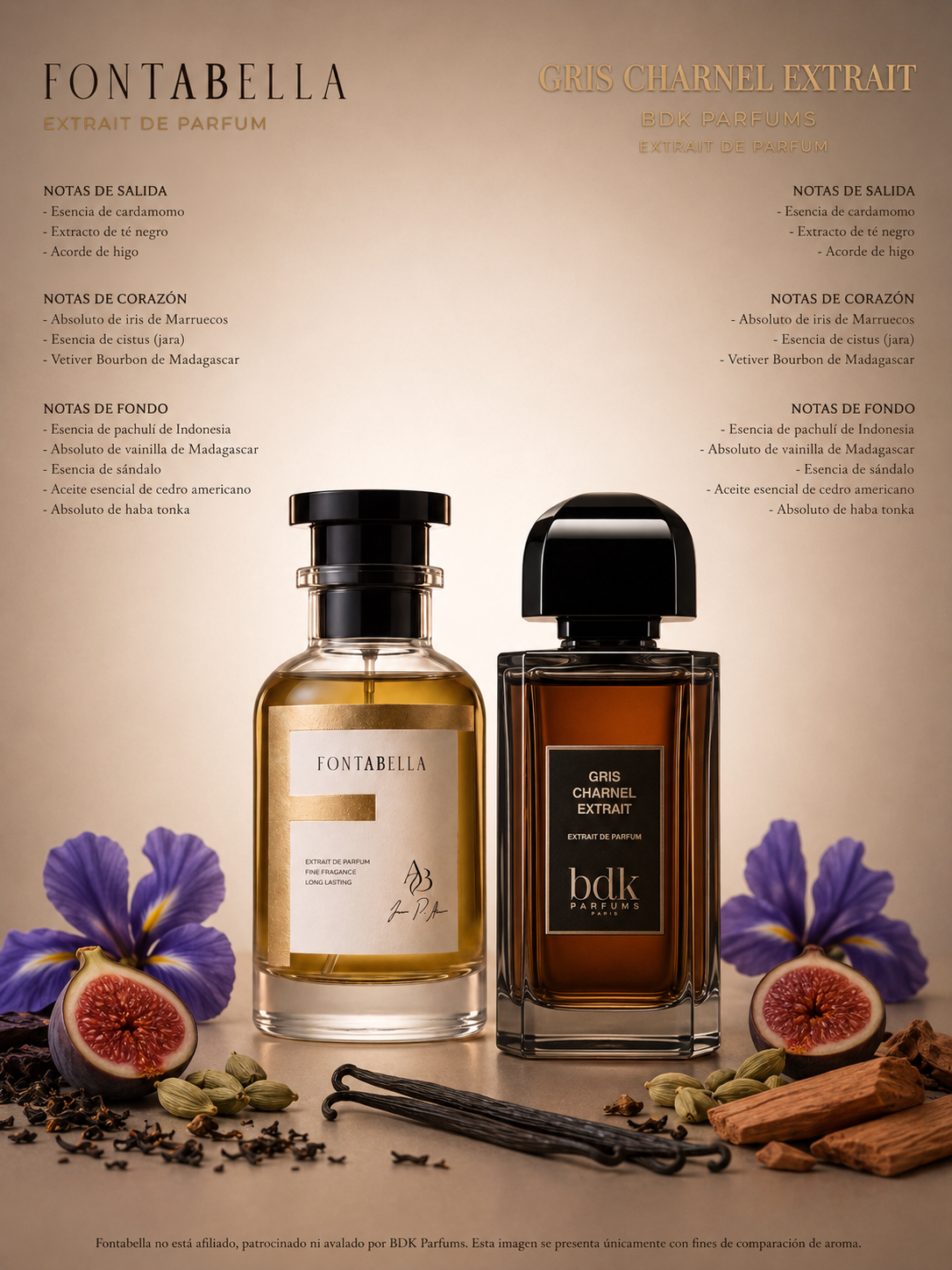 Perfume Griz Extrait de Fontabella junto a su inspiración: Gris Charnel Extrait de BDK Parfums