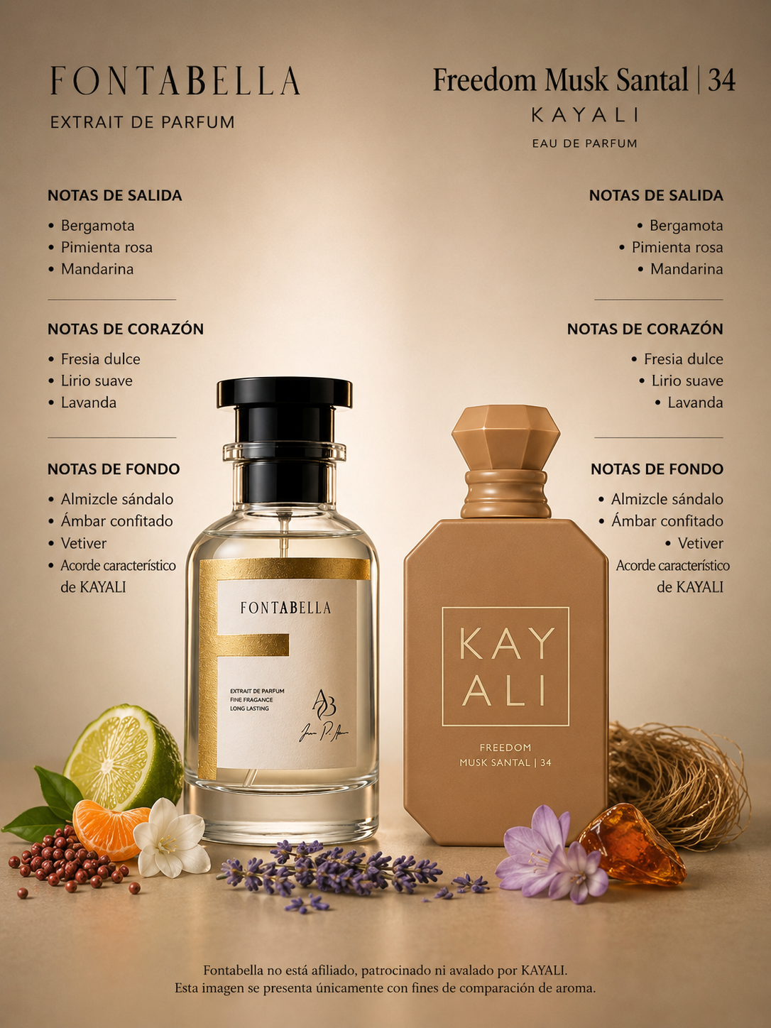Perfume Santal Freedom de Fontabella junto a su inspiración: Freedom Musk Santal de Kayali