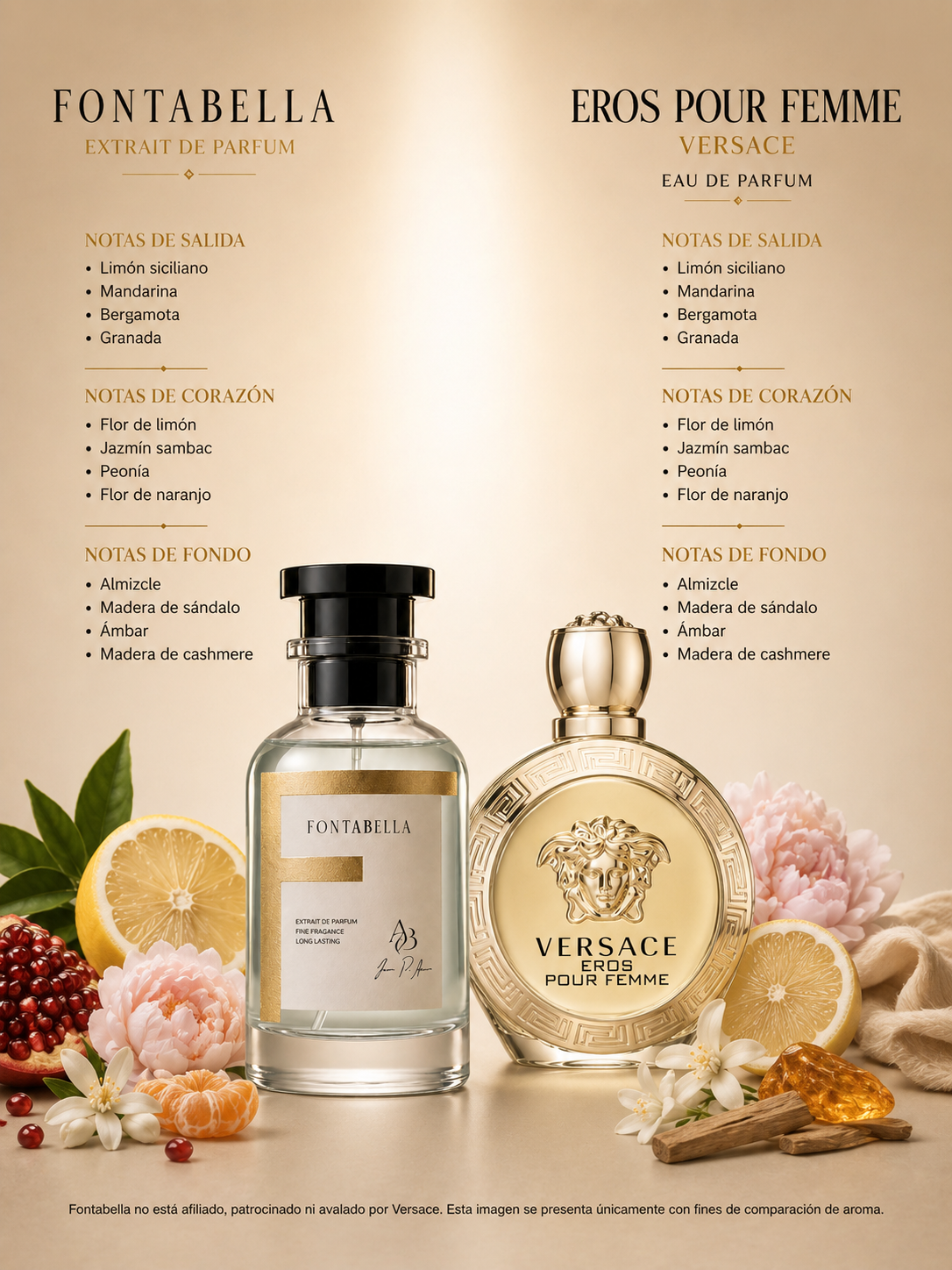 Perfume Eros Femme de Fontabella junto a su inspiración: Eros Pour Femme de Versace