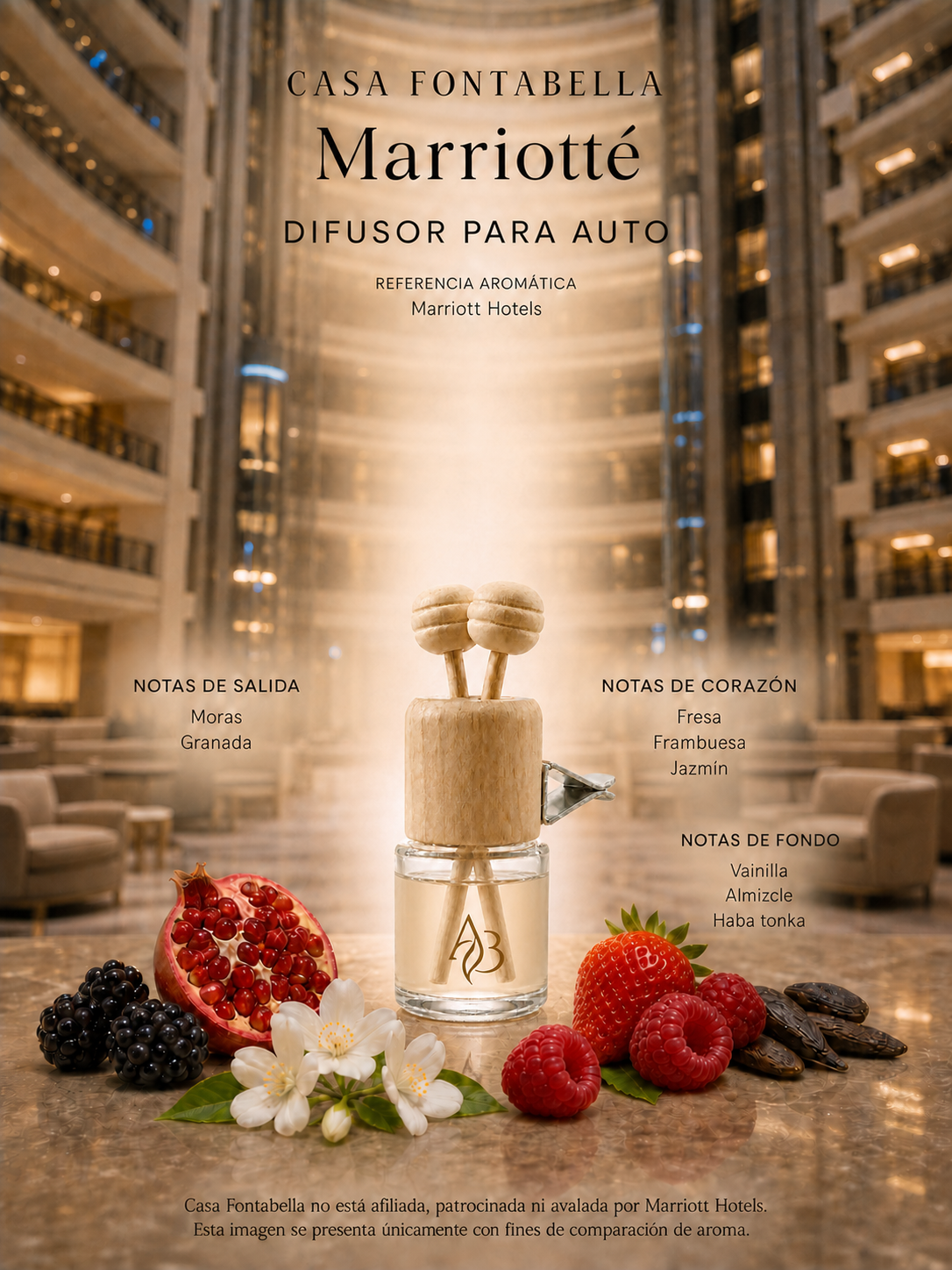 Aromatizante para auto Marriotté de Casa Fontabella junto a su inspiración: Marriott: Attune