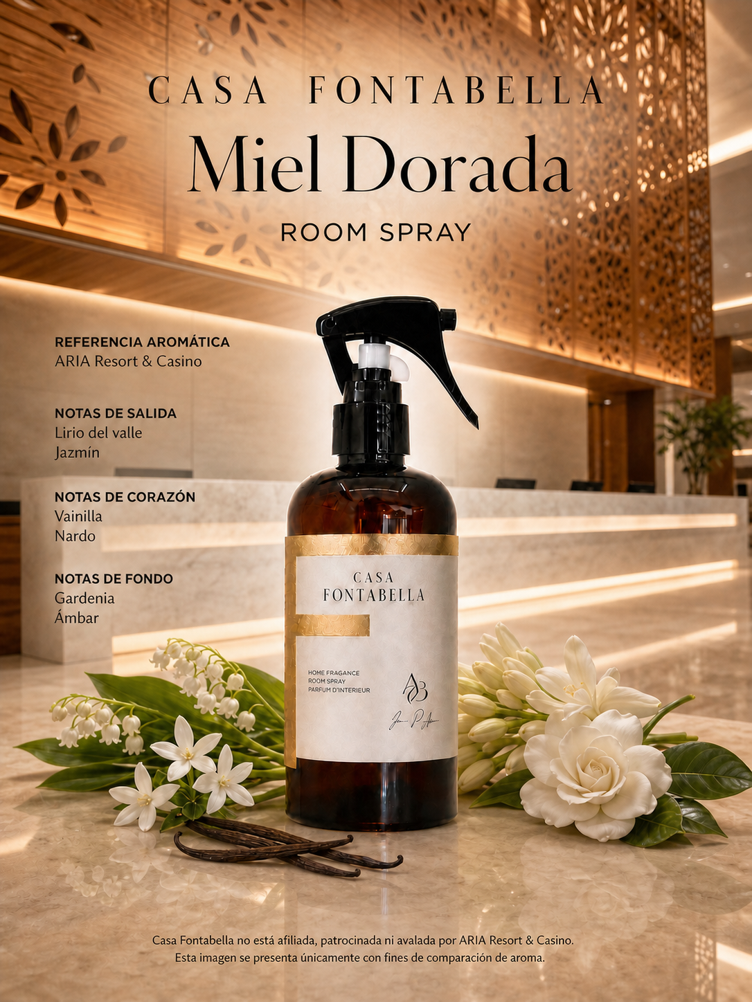 Spray de ambiente Miel Dorada de Casa Fontabella junto a su inspiración: Hotel Aria, Las Vegas