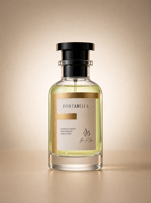 Perfume Amoré Amoré de Fontabella, extrait de parfum en frasco de vidrio con etiqueta dorada