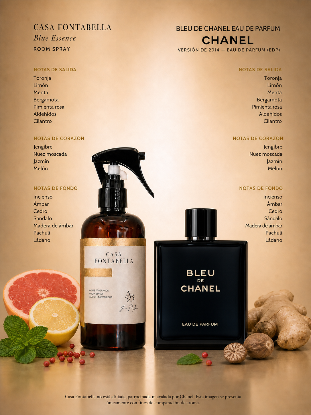Spray de ambiente Blue Essence de Casa Fontabella junto a su inspiración: Bleu de Chanel